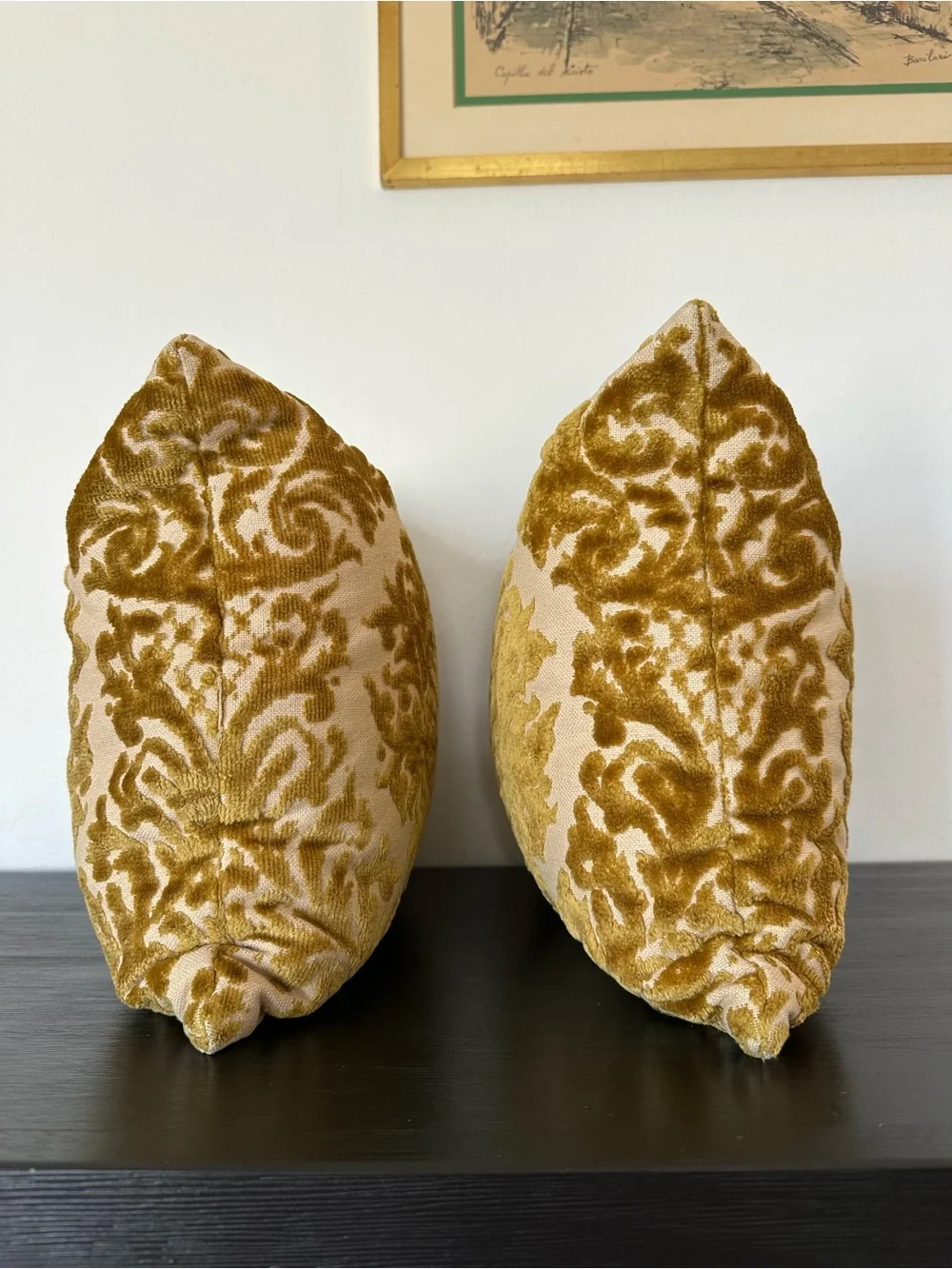 Pair of Vintage Gold Damask Chenille Velvet Decorative Pillows
